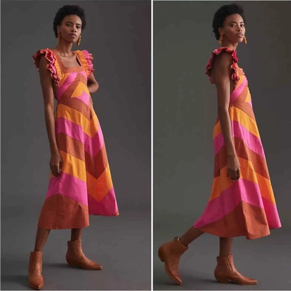 Anthropologie Love The Label Colorblock Chevron Ruffle Strap Midi Dress XS.